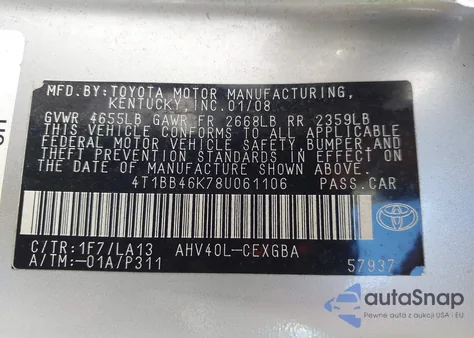 2008 Toyota Camry Hybrid from USA, damaged, VIN 4T1BB46K78U061106
